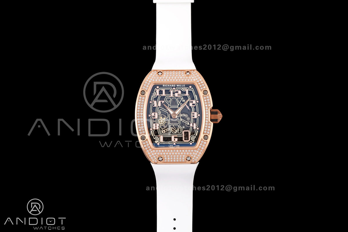 MILLE STUDIO RM67-01 RG Skeleton Dial Diamonds Bezel on White Rubber Strap CRMA6 Clone